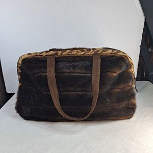 Atenti Faux Mink Overnighter Bag Leopard Print Faux Leather Straps Jewel Accent